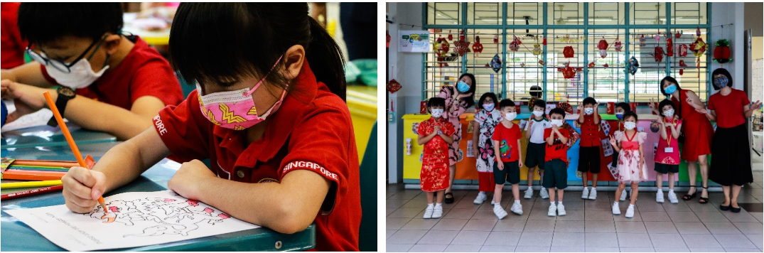 Children in red uniforms and masks drawing at desks, beside a group of kids and teachers posing in festive attire.